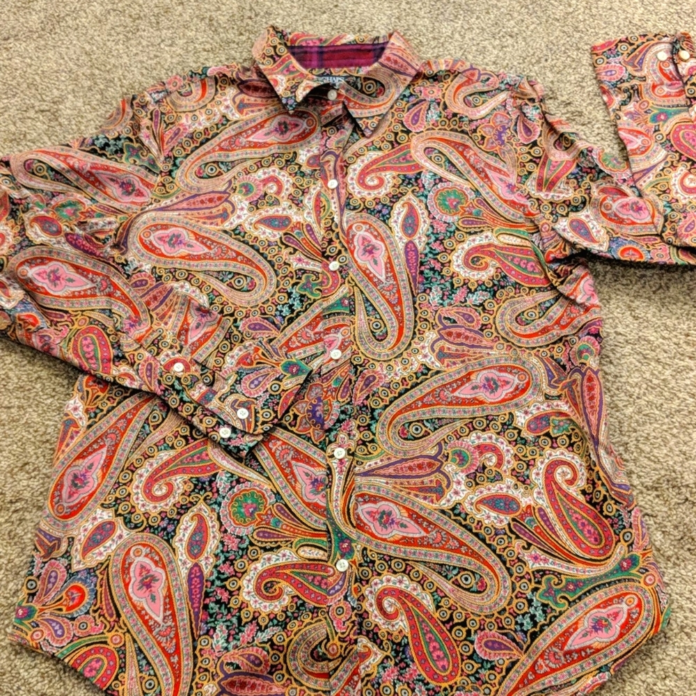 Chaps No Iron Paisley Button-Down Blouse Top Large